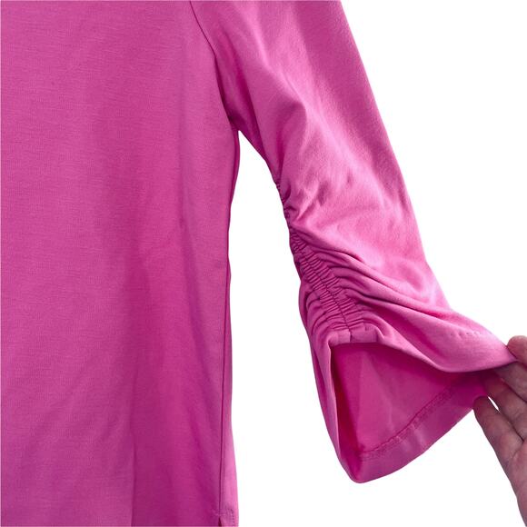 Halogen Pink Knit Pullover 3/4 Ruched Sleeve V-Neck Barbie Top S  NWT - Picture 6 of 12